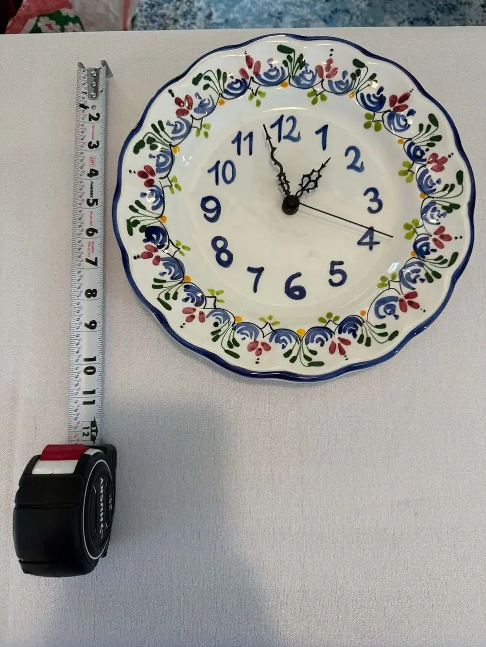Hand-Painted Ceramic Floral Wall Clock, 10.5-inch Scalloped Edge